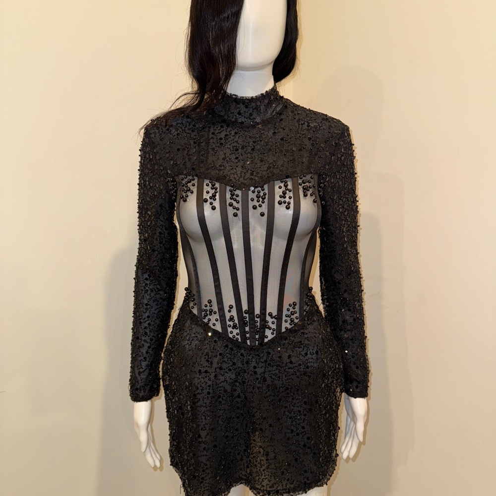 Sheer Black Sequin Bodycon Dress